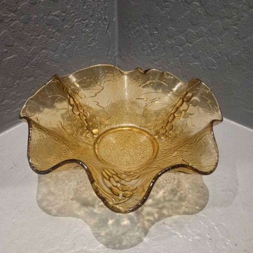 Vintage Depression Glass Amber Glass Grape Pattern Ruffled Bowl 10"
